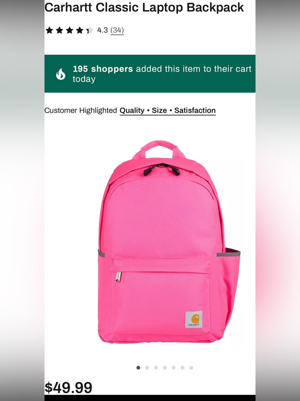 Carhartt Hot Pink Everyday Backpack with Front Pocket. FULL SIZE